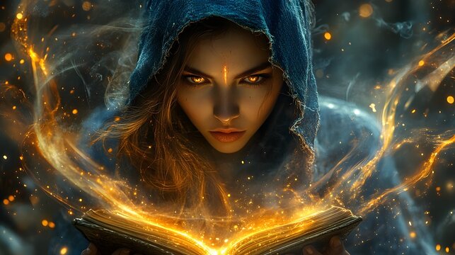 hooded person looking down at a glowing open book surrounded by magic