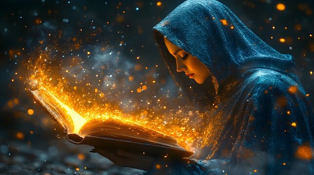 hooded person reading an open glowing book surrounded by sparks