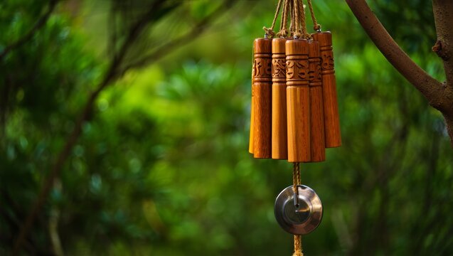 Close-up of Wooden Wind Chimes Hanging from a Tree Branch