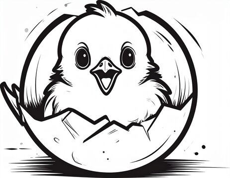 Happy baby bird hatching from an egg shell black and white coloring book page