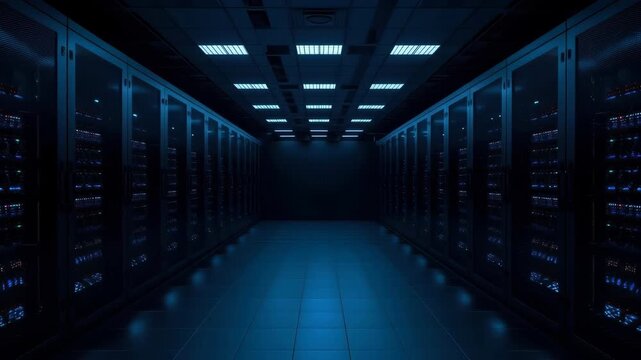 Server Room Data Center Corridor with Blue Lighting, Network Hardware and Computer Technology