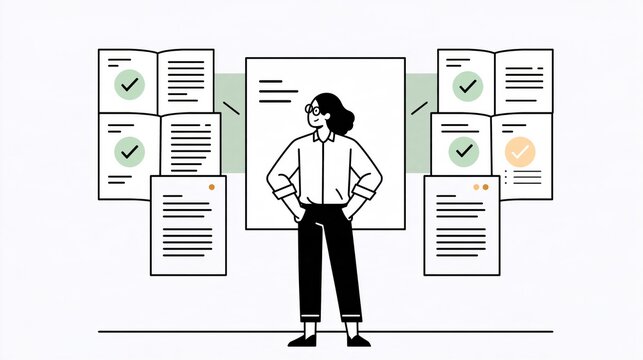 A professional stands between three open source documents while comparing them with an AI-generated answer on a central panel.