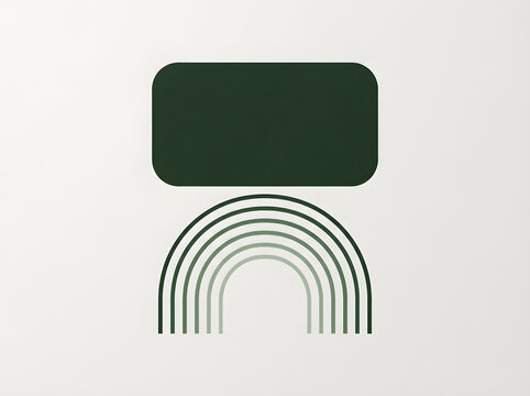 Abstract geometric shape with rainbow arc and dark rectangle on a white background