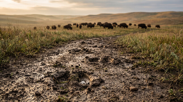 Herd of bison grazing on a grassy plain during sunset  