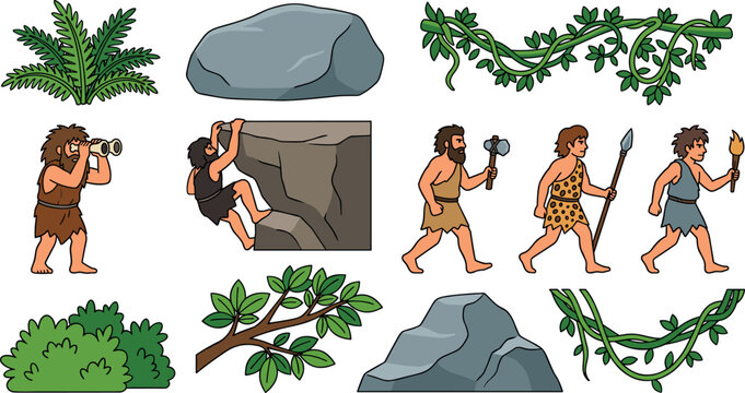 Caveman Character Adventure Vector Set with Prehistoric Stone Age Hunting Poses, Rocks, Vines, and Jungle Bush Elements for Illustration Designs