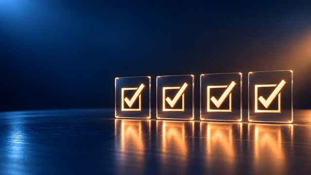 Four glowing orange checkmarks inside transparent glass squares on dark reflective surface representing quality assurance compliance and approval