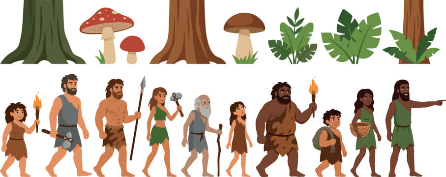 Caveman Family Character Vector Set with Prehistoric Stone Age Tribe People, Tree Stumps, Mushrooms, and Jungle Plants for Illustration Designs