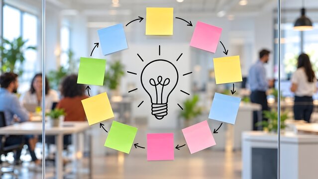 Circular workflow of colorful sticky notes with clockwise arrows around central lightbulb on glass wall representing agile process and iteration