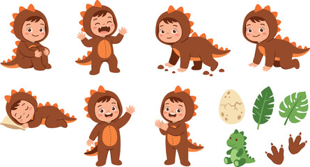 Fototapeta premium Cute Baby in Dinosaur Costume Vector Character Set with Dino Egg, Footprints, Toy, and Tropical Leaves for Kids Sticker Designs