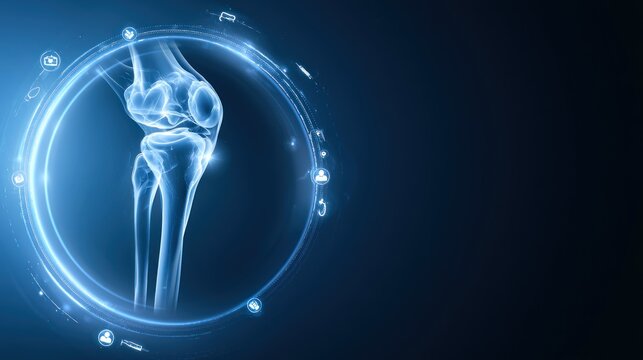 Human knee joint with medical icons in digital ring