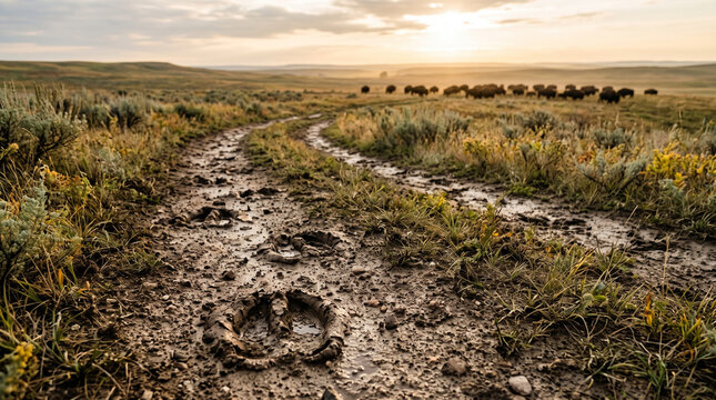 Bison tracks in muddy trail at sunset in open grassland  