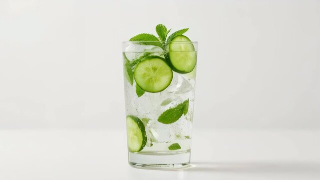 Cucumber Lime Mint Water Beverage Refreshment Sparkling Drink in Clear Glass with Green Garnish