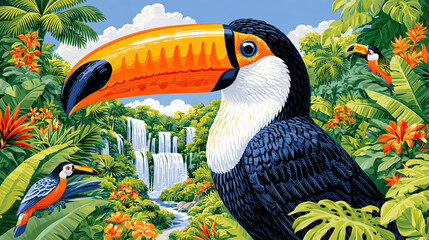 Fototapeta premium Vibrant toucan perched among lush greenery, colorful tropical setting, highlighting biodiversity and nature's beauty.