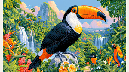 Fototapeta premium Colorful toucan perched amidst vibrant tropical flora, showcasing bright plumage and natural beauty, perfect for nature themes.
