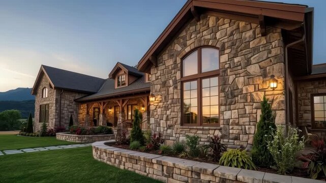 Stone House with Illuminated Window, Landscaped Garden, Sunset Mountain Residential Building