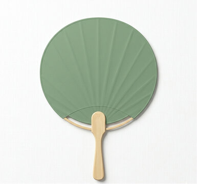 Minimalist Round Uchiwa Hand Fan in Solid Sage Green Color, Plain Traditional Japanese Handheld Fan with Light Beige Bamboo Handle