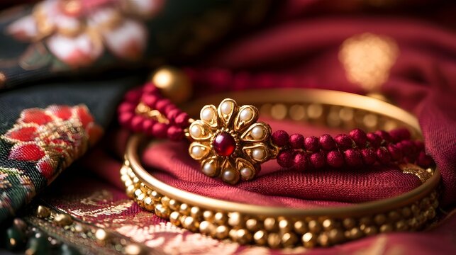 A close up of ornate gold bangles and a beaded bracelet with a central red gemstone  resting on rich red fabric with embroidered textile accents