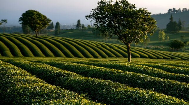 Rows of lush green tea bushes stretch across rolling hills under soft golden light  with solitary trees dotting the serene landscape