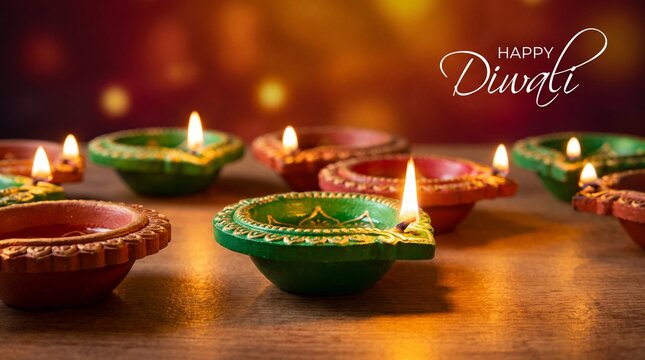 Decorative traditional oil lamps glowing on a dark red background for the hindu festival of happy diwali