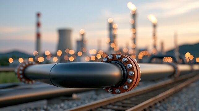 Industrial pipeline with refinery background and flare stack