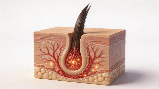 3D rendering of human hair follicle anatomy in skin tissue demonstrating deep root nourishment and blood circulation