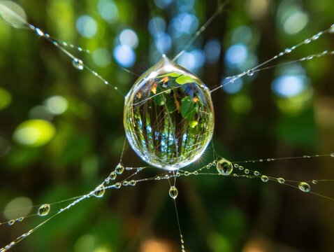 Macro shot of a water droplet on a spiderweb reflecting nature