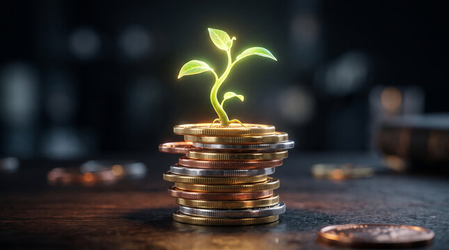 Glowing Plant Growing On Stack Of Coins