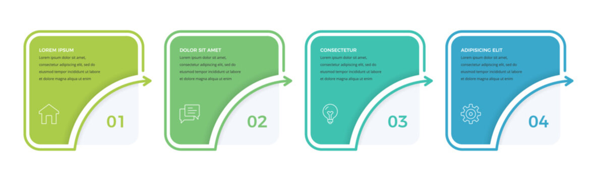 Four step infographic template with horizontal panels connected by curved arrows. 4 steps process chart or business flow diagram. Vector template
