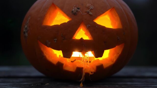 Close-up of a carved orange Halloween pumpkin jack-o'-lantern on a rustic wooden table at night, featuring warm flickering candlelight illuminating the jagged mouth and triangular eyes.