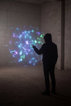 Silhouette of a person interacting with a complex glowing three dimensional holographic data visualization of artificial intelligence