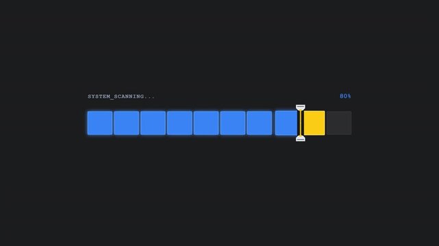 A high-tech linear scanning progress bar where a mechanical laser head moves across data blocks, verifying them from raw grey to secure blue. Features a satisfying system secure payoff.