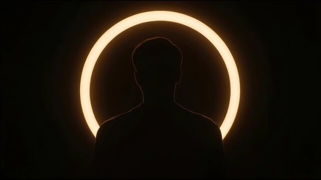 Silhouette Portrait With Glowing Halo Ring Light Against Dark Background, Mysterious Mood