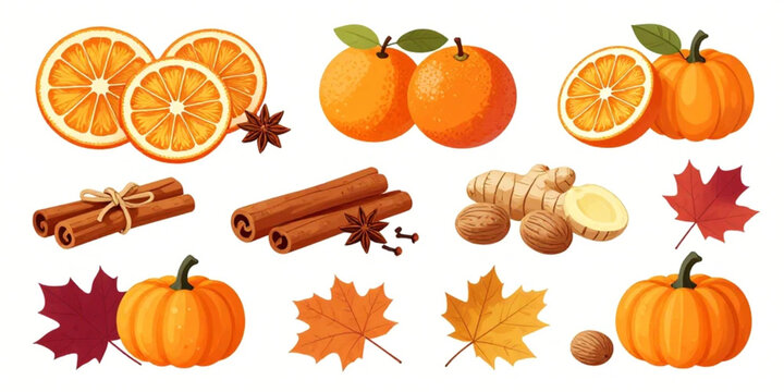 Autumn food elements including orange slices, pumpkins, cinnamon sticks, and fall leaves are featured on a transparent background.