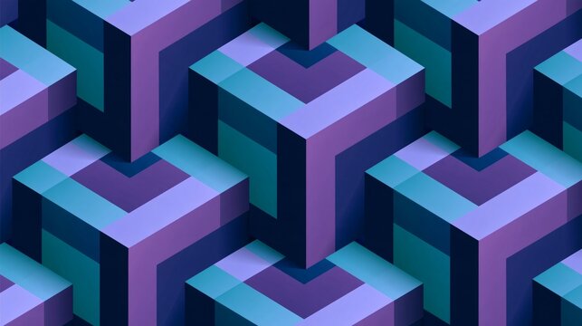 Isometric geometric cubes pattern with interlocking purple and teal blocks