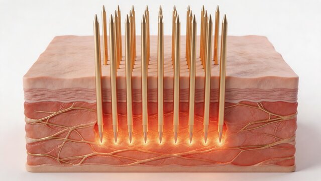 3D anatomical model of deep skin microneedling therapy showing long golden needles stimulating subcutaneous layers