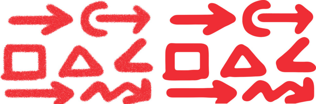Red Hand Drawn Grainy Arrows and Geometric Shapes Set, Crayon Texture Doodle Icons Pack