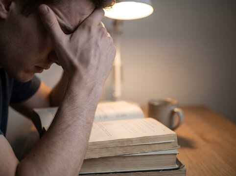 Stressed man touching forehead over open book and coffee mug with warm ambient light
