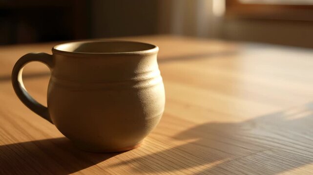 Close-up of a handcrafted beige ceramic mug sitting on a light wooden table surface in warm natural morning sunlight with long soft shadows and a blurred background interior room.