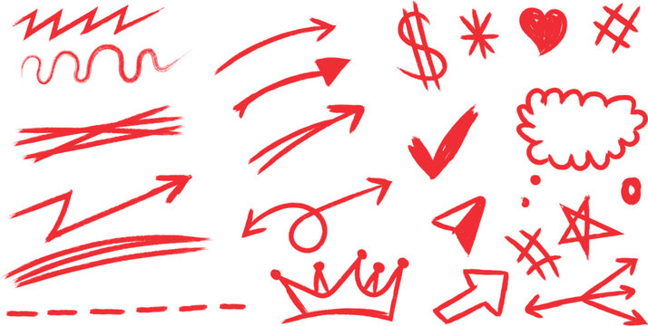 Red Hand Drawn Doodle Elements Set, Arrows, Crown, Heart, Checkmark and Underline Highlights Isolated on White