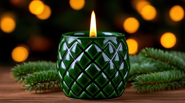 Lit candle in green holder with festive bokeh lights
