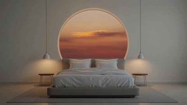 Modern Bedroom Interior With Sunset View Through Circular Window and Neatly Made Bed