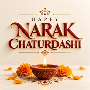 Happy narak chaturdashi greeting with traditional diya lamp and flowers