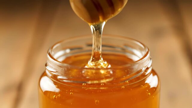 Close-up of a wooden spoon scooping honey in a glass jar, honey dripping into the glass jar