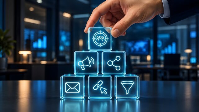 Businessman building pyramid of glowing glass cubes with customer target megaphone social share link and funnel icons for omnichannel marketing