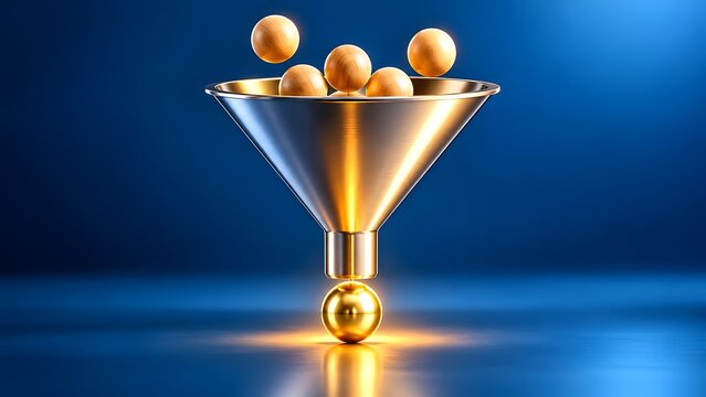 Golden funnel filtering wooden balls into a single golden sphere symbolizing process selection and refinement on a blue background