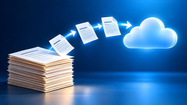 Digital document transfer from physical files to cloud storage symbolizing data migration and digital transformation in business.