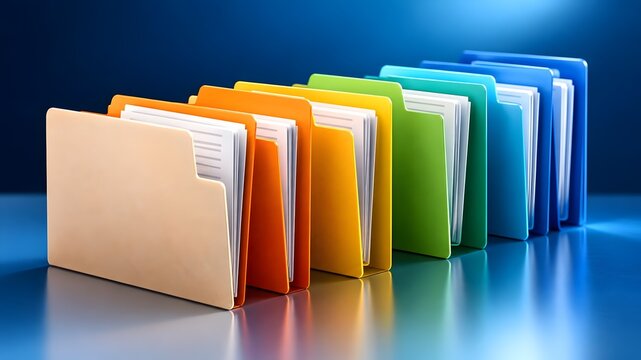 Organized colorful file folders with documents neatly arranged in a row on a reflective surface against a dark blue background symbolizing data management and organization