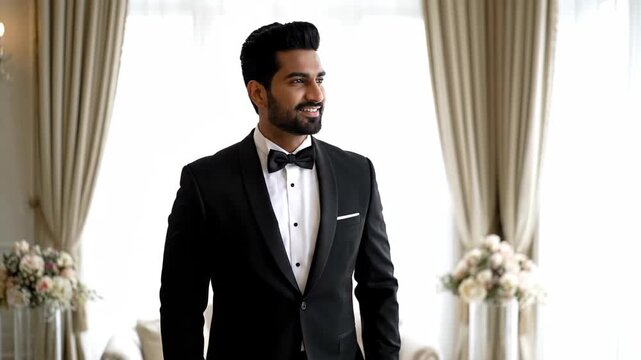 Men in suits tidying up their bow ties, men in suits and ties tidying up elegantly