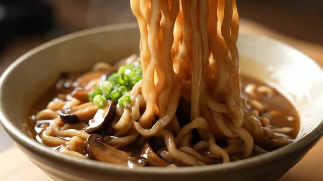 Close-up of a bowl of mushroom and scallion pasta, chopsticks picking up the hot noodle soup