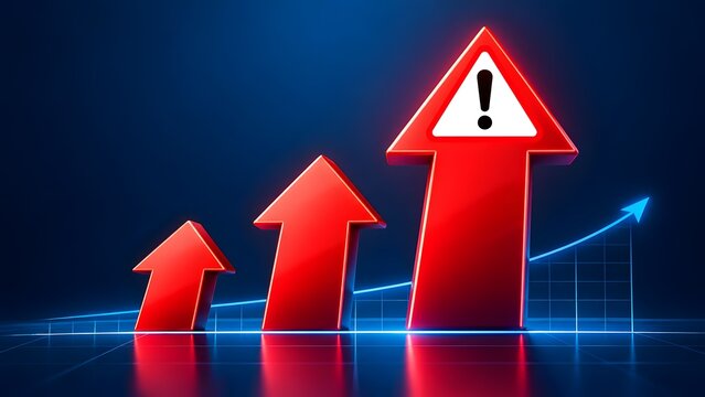 Red upward arrows indicating growth and progress with a warning sign on the largest arrow set against a dark blue background with a digital grid and a blue line graph showing an